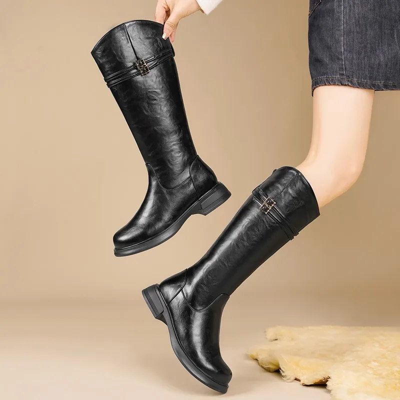 DIMANYU Winter Ladies Knee High Genuine Leather Boots Wool Side Zip Warm Anti-slip Women Riding Snow Boots 2