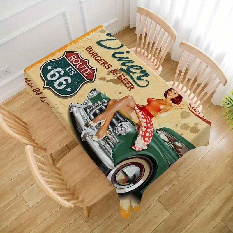 One 100% polyester fabric rectangular tablecloth - Retro restaurant car pattern.PMJ