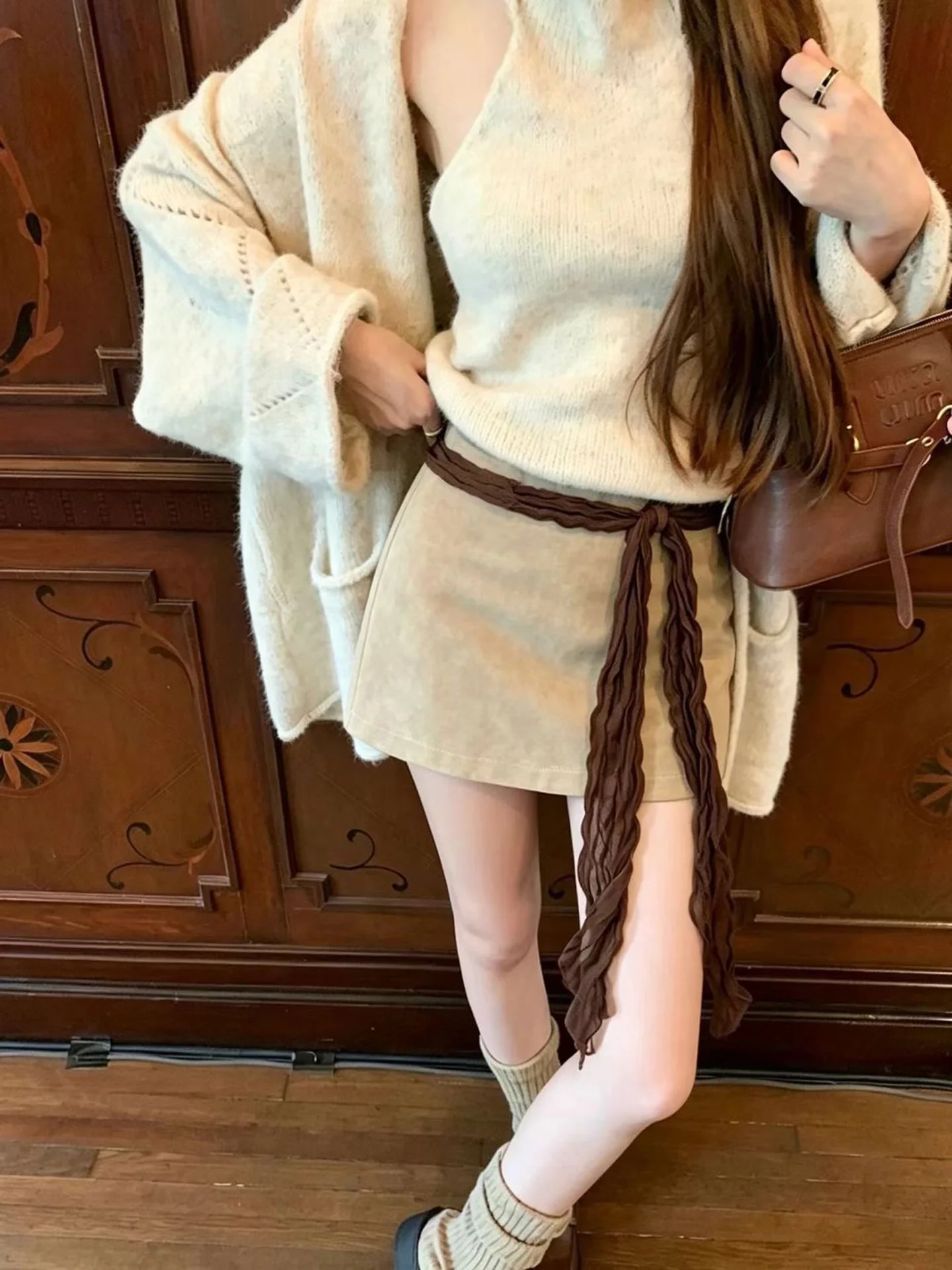 Slimming Suede  Skirt Women's Korean Style Fashion Simple Mixed Silk Scarf A-Line Skirt Wrap around Short Skirt