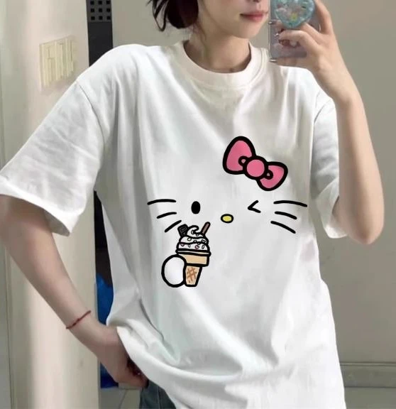 

100 Pure Cotton Sweet and Cute Hello Kitty Printed Short-sleeved T-shirt for Women, 2025 New Summer Loose Half-sleeved Top