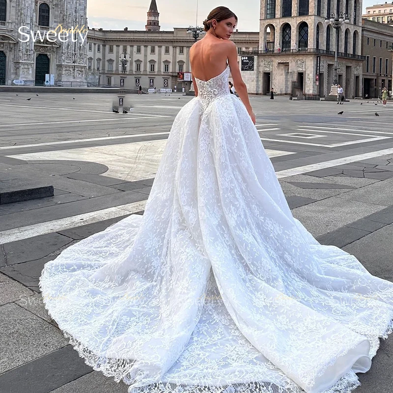 ZOCI Exquisite Wedding Dress Embroidered Lace On Net With Court Slit A Line Ballgown Strapless Sleeveless Bride Vestido De Novia