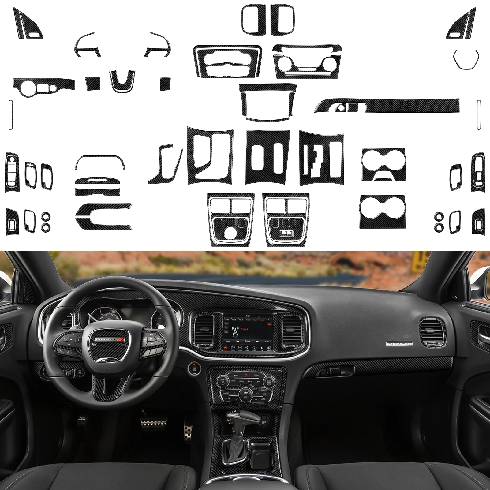 

Для Dodge Charger (2011-2023) Автомобильная центральная консоль, панель переключения передач, мягкая внутренняя наклейка из углеродного волокна, комплект аксессуаров