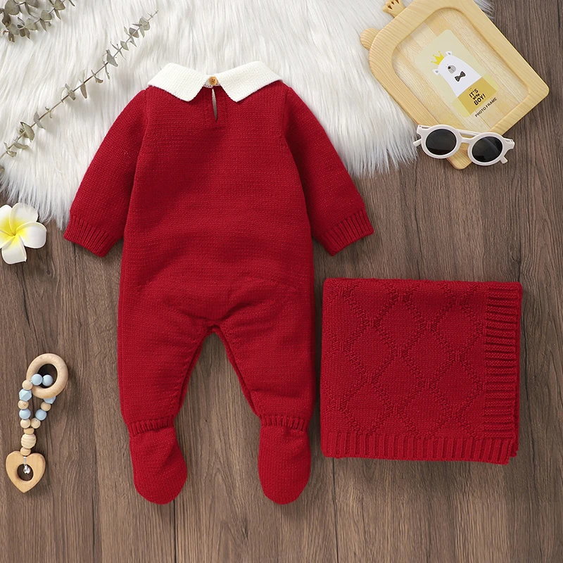 Newborn Baby Romper Blankets Set Knitted Infant Long Sleeve Jumpsuit +Quilt Fashion Solid Soft Toddler Clothes Bedding 2PC 0-9M