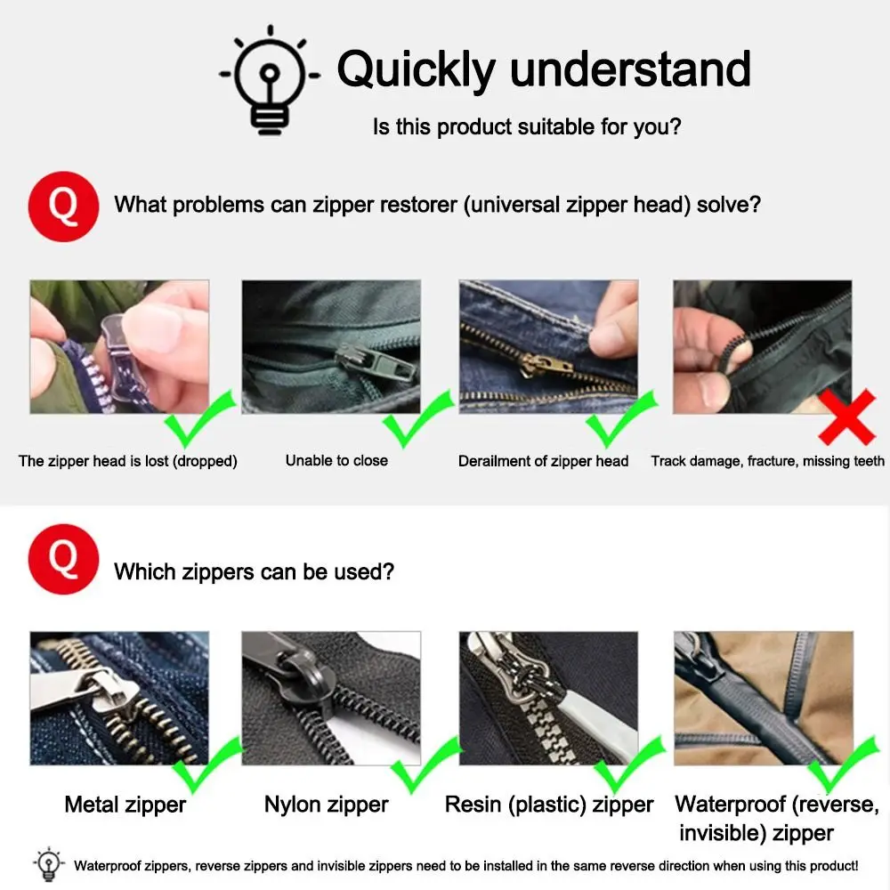 Durable 3 Different Size Zipper Repair Kit Replacement Bad Buckle DIY Instant Zipper Puller Instant Fix Universal Zipper Head