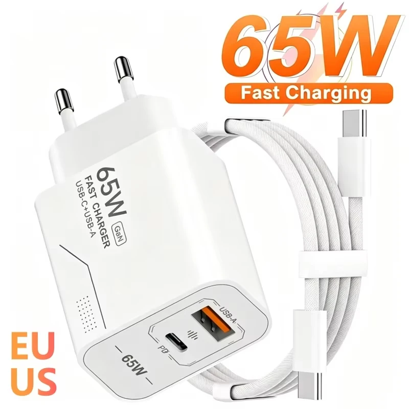 65W GaN USB C Charger 2-Port Fast Charging Phone Charger Power Adapter For iPhone Samsung Xiaomi Type C EU/US Plug Wall Charger