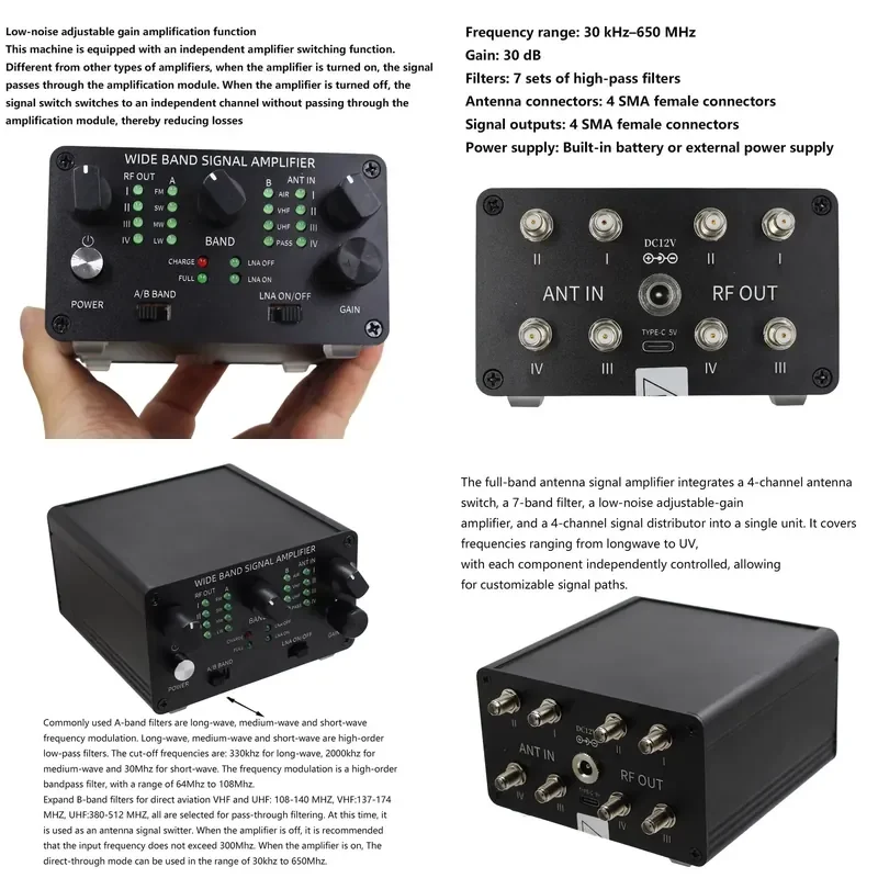Full Band Antenna Signal Amplifier 4-Channel 30kHz-650MHZ Low Noise Tunable Amplifier
