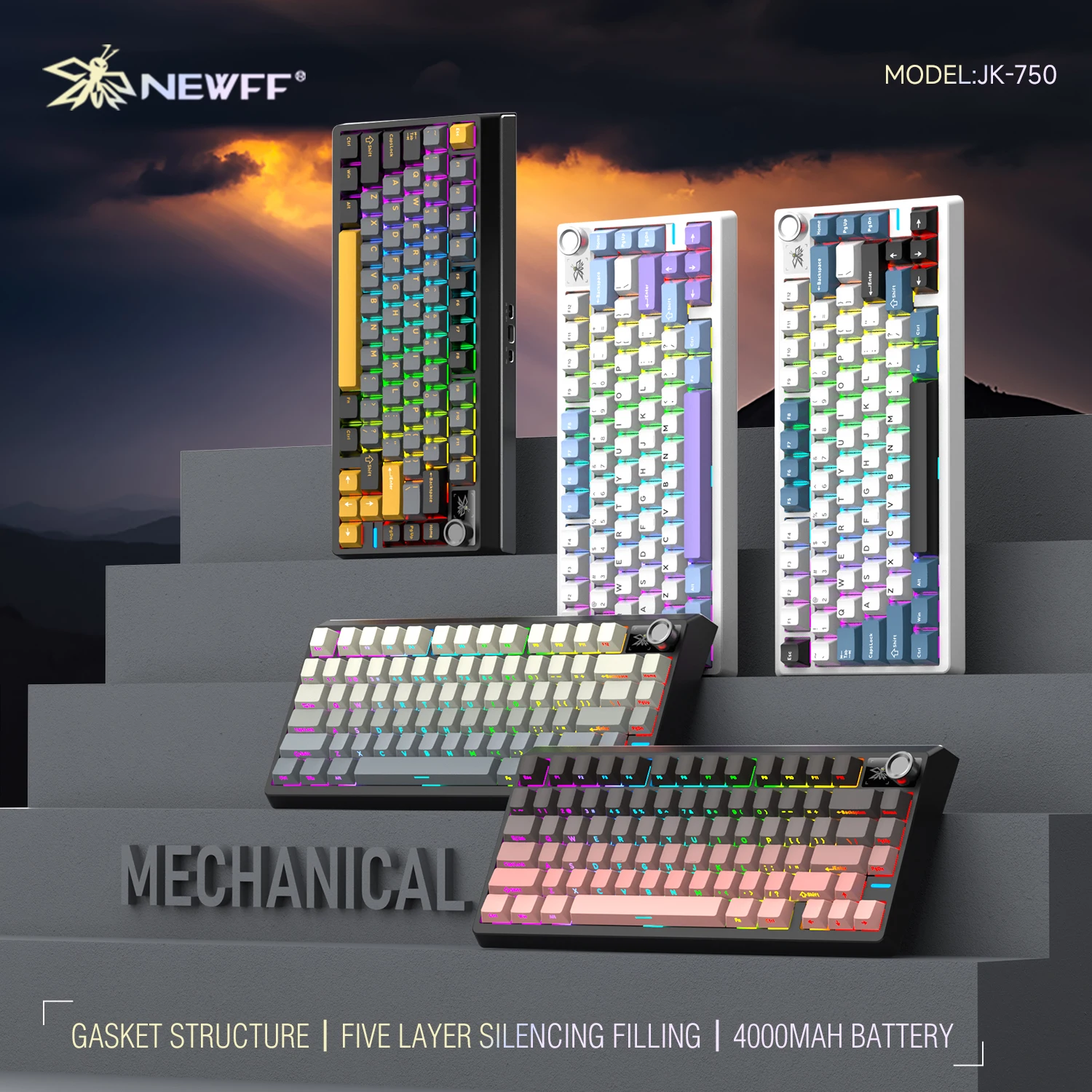 

NEWFF 75Key wireless Mechanical Keyboard Gamer Side Engraving keyboard Customized HotSwap 75%Layout OEM Profile Gasket Structure