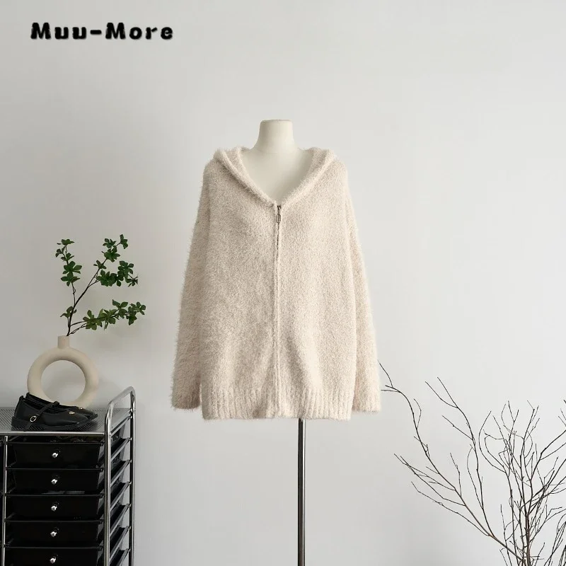 

2023 Winter Female Knitting Long Sleeve Casual Hooded Cardigans Women Elegant Solid Color Loose Single Breasted Ladies Sweater