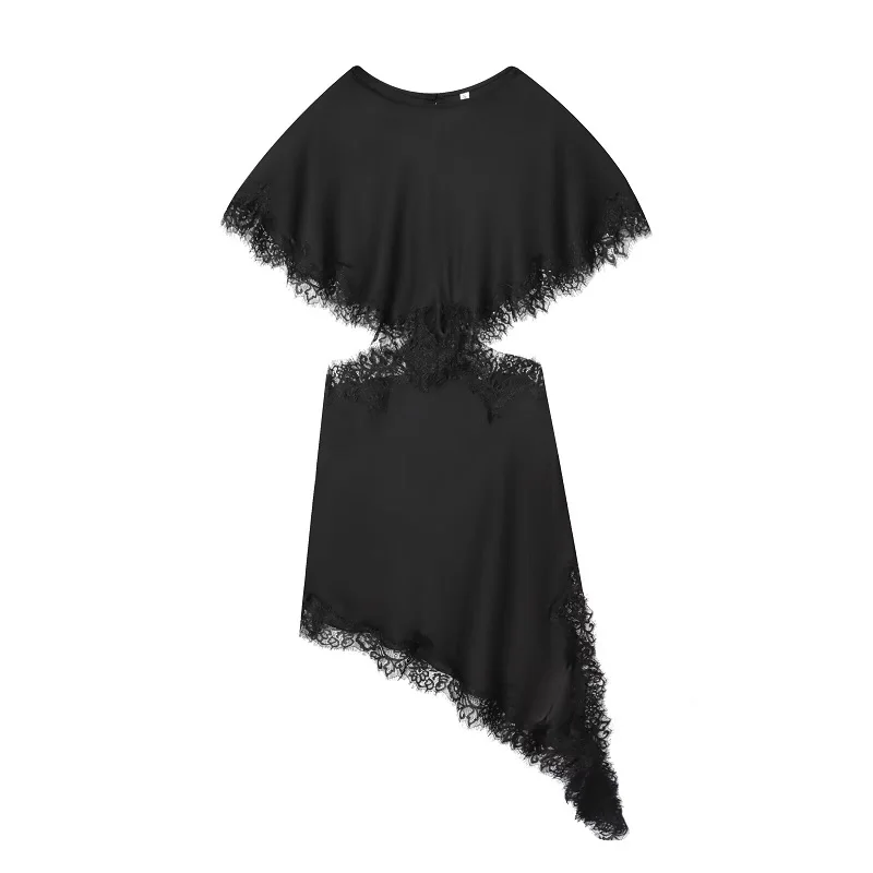 Hxao sexy cortar vestidos femininos vestido de renda preta mulher capa manga assimétrica midi vestidos para mulheres cetim elegante vestido de festa