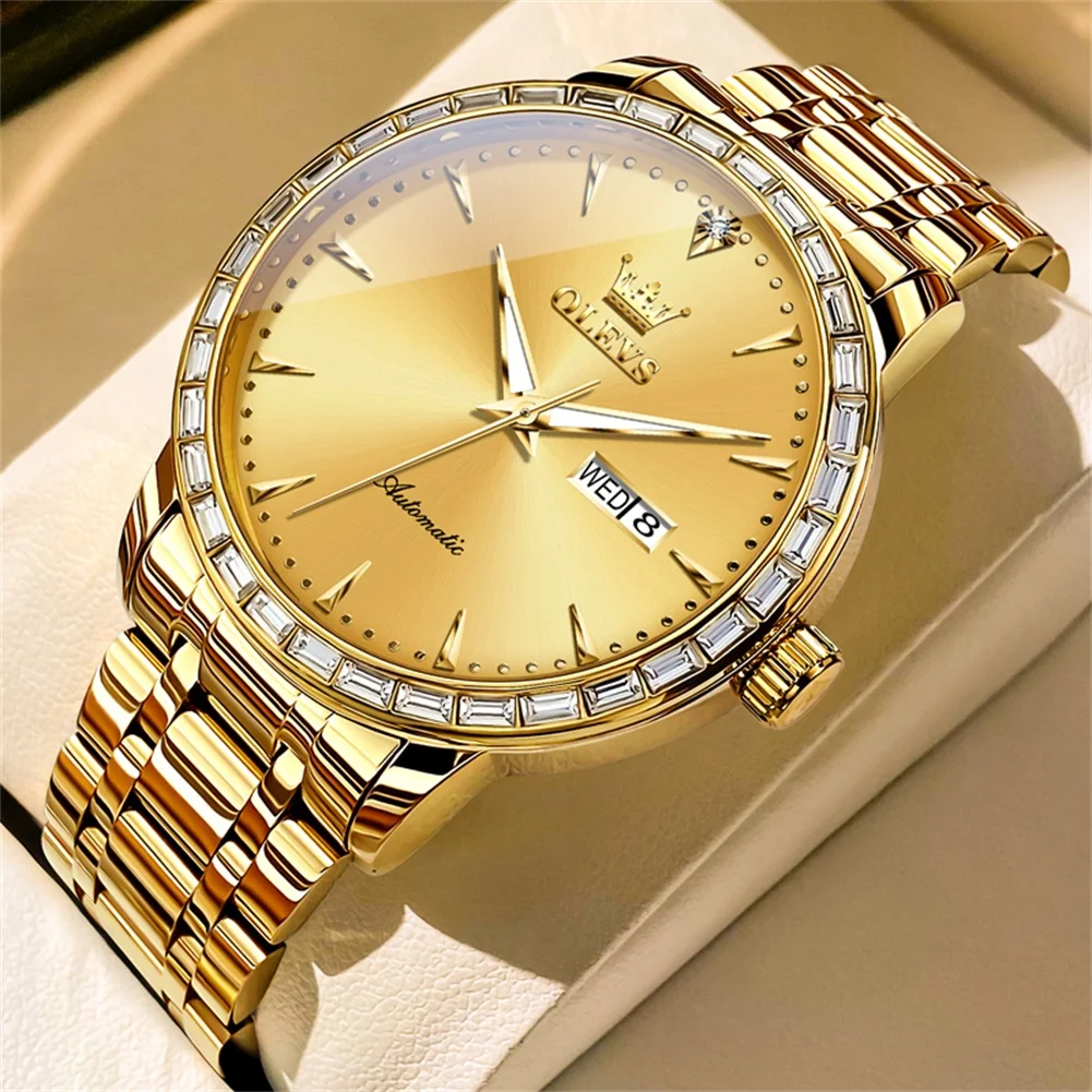 

OLEVS Diamond Men's Watches Luxury Brand Date Gold Stainless Steel Automatic Mechanical Watch Men Business Relogio Masculino