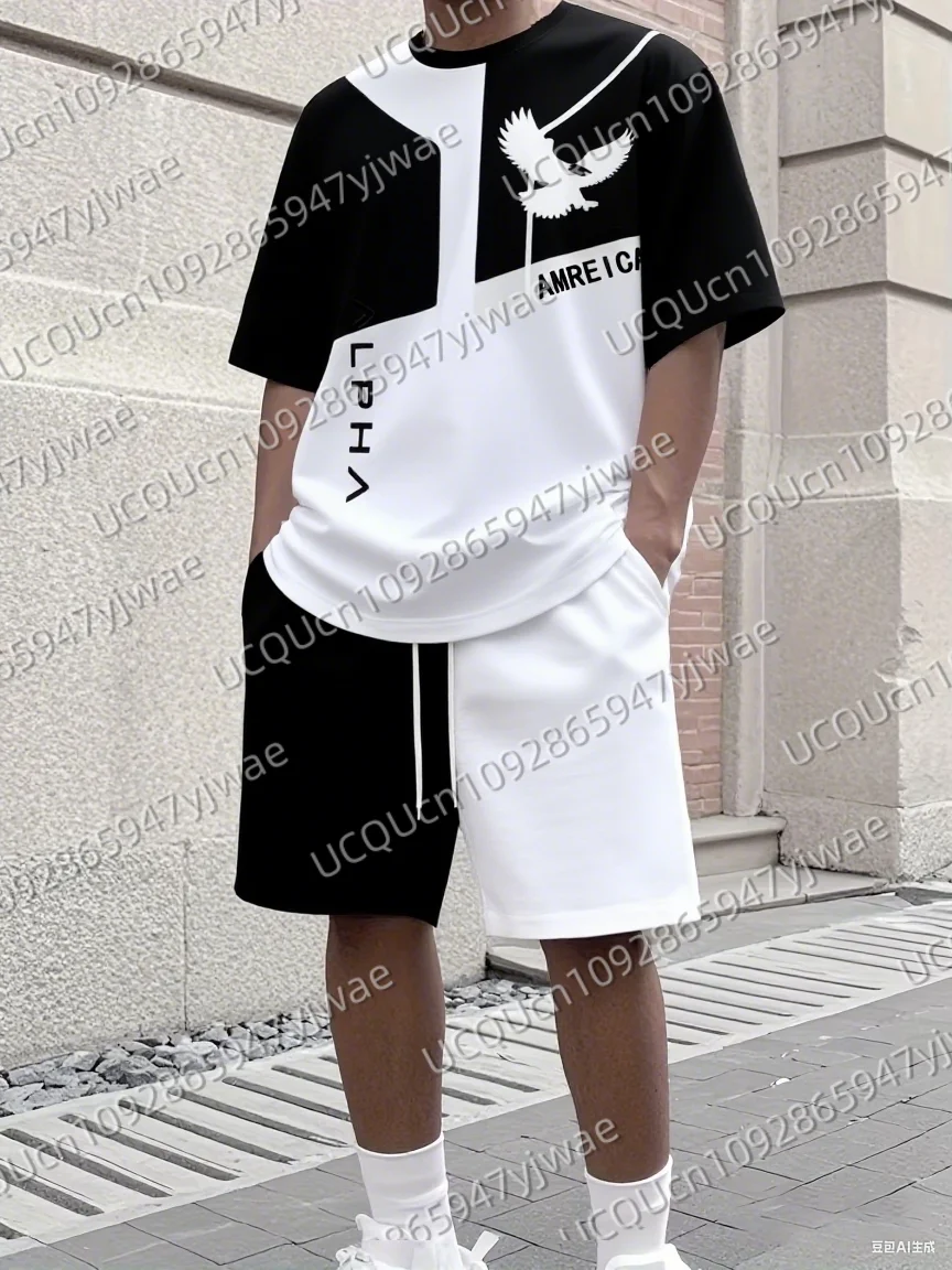 

Summer Men's Casual America Print Short Sleeve T-Shirt & Shorts Set Round Neck Short Sleeved Women's T-shirt Shorts Set