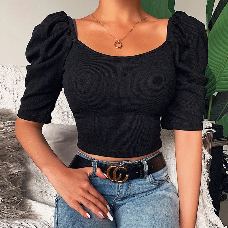 Sexy Puff Sleeve Bare Midriff Thread Knitted T Shirt Women Half Sleeves Bottoming Shirt Ladies Tee Shirt Tops Camisetas Mujer