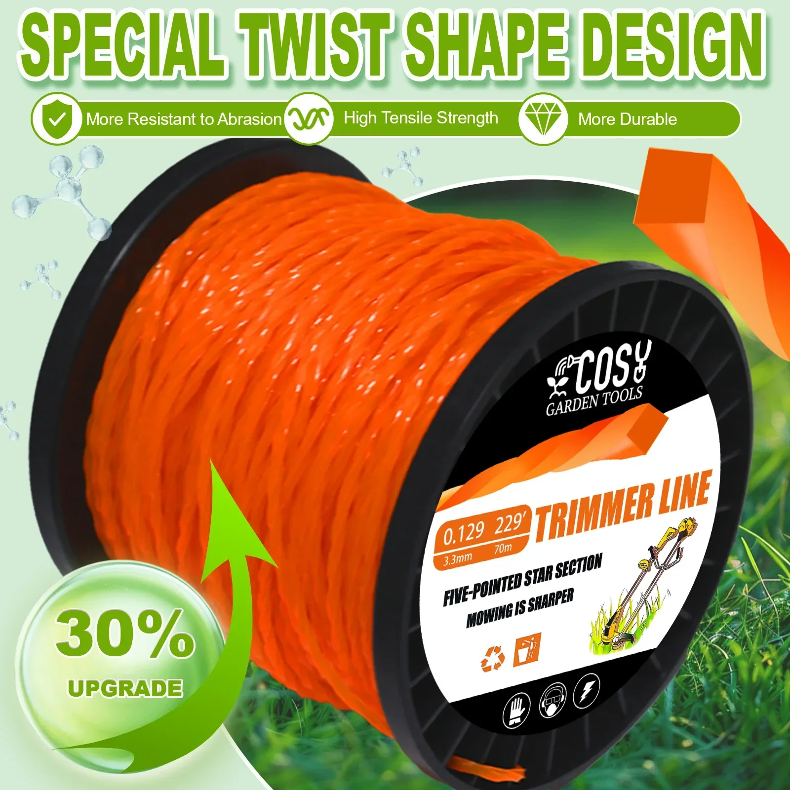 2.0/2.4/2.7/3.3/4.0mm Spiral Grass Cut Strimmer Line Graphite Filling Cord Nylon String Lawn Mower Orange Twisted Shape Line