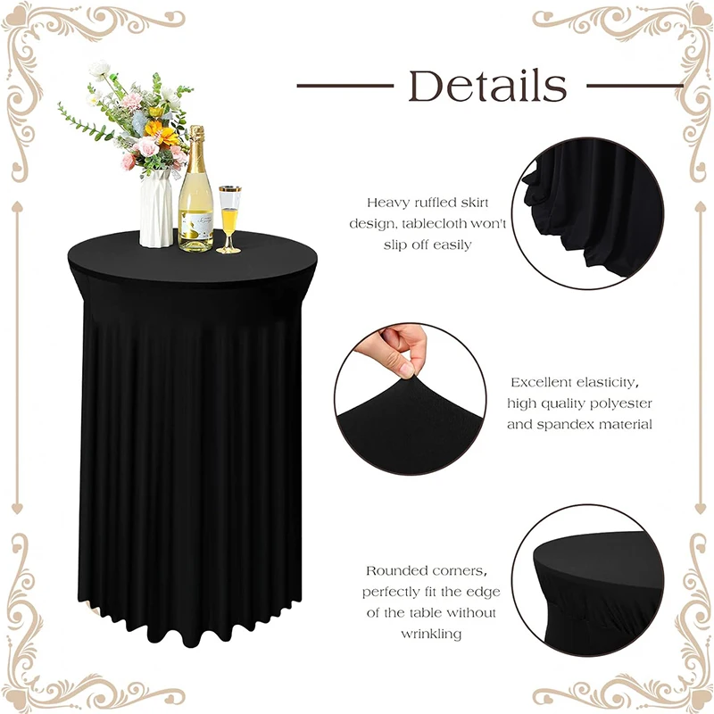 Round High Top Stretch Spandex Cocktail Tablecloths with Skirt Wrinkle Free Cocktail Table Cover for Wedding Party Banquet JT443