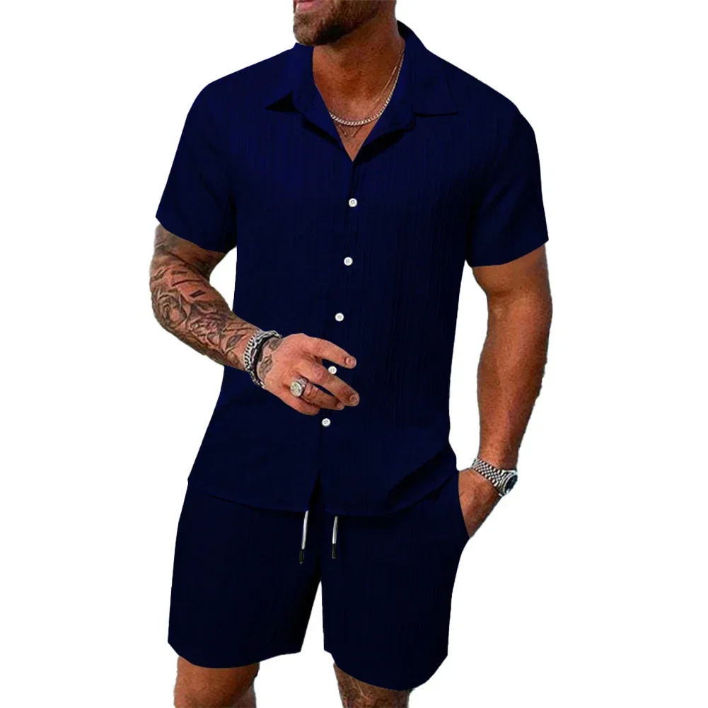 Kurze Männer setzt Button-Down lässig Kragen täglich Hawaii Jacquard Party regelmäßige Sets Kurzarm einfarbig