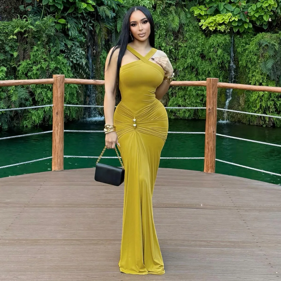 

New women's fashion cross-neck pure-color pleated belted halter dress with fish tail design