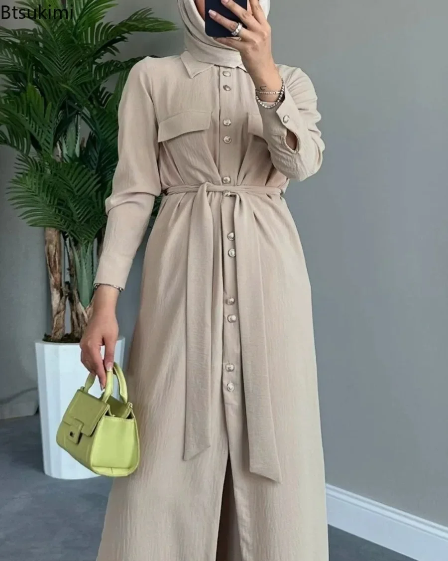 Muslim Open Abaya for Women Casual Temperament Cardigan Long-sleeved Lace-up Shirt Dress Islamic Clothing Arab Kaftan Robe Femme