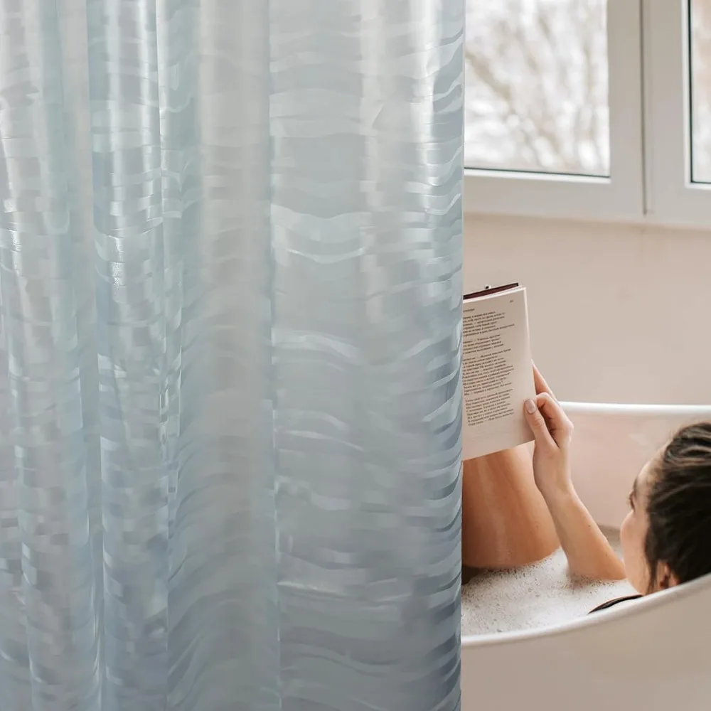 

Light Blue Plastic Shower Curtain Liner - Waterproof Lightweight Bathroom Shower Liner with Striped Design