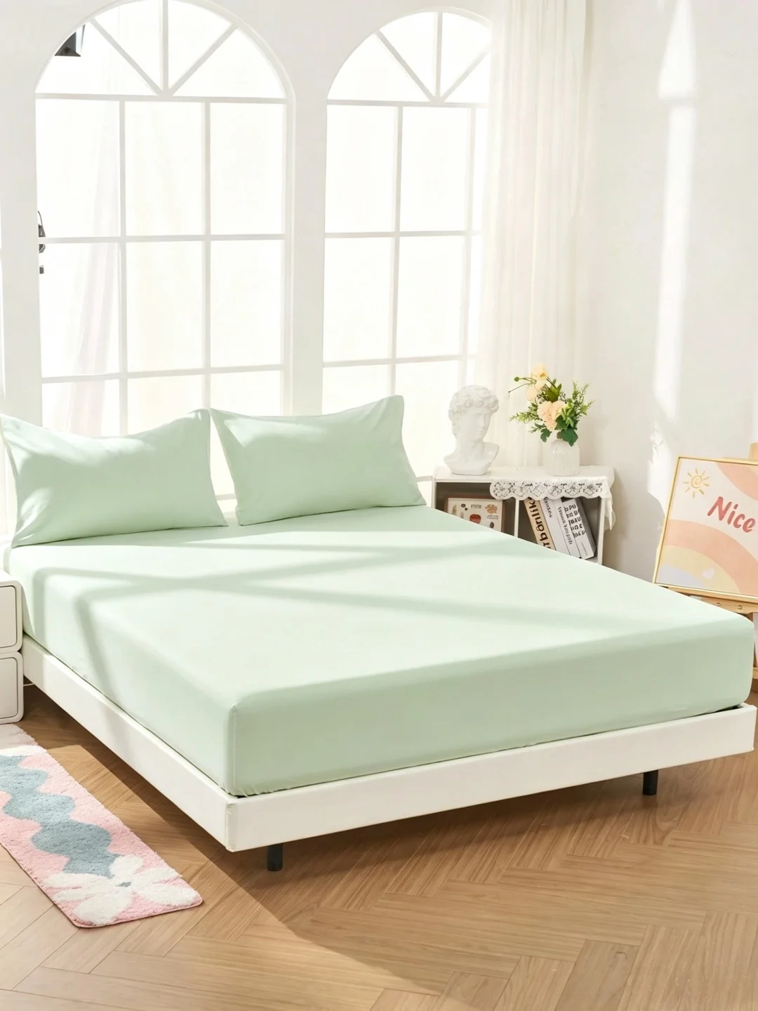 1 light green bed sheet, simple mattress cover, soft and breathable, suitable for double/full-size/oversized/standard size use