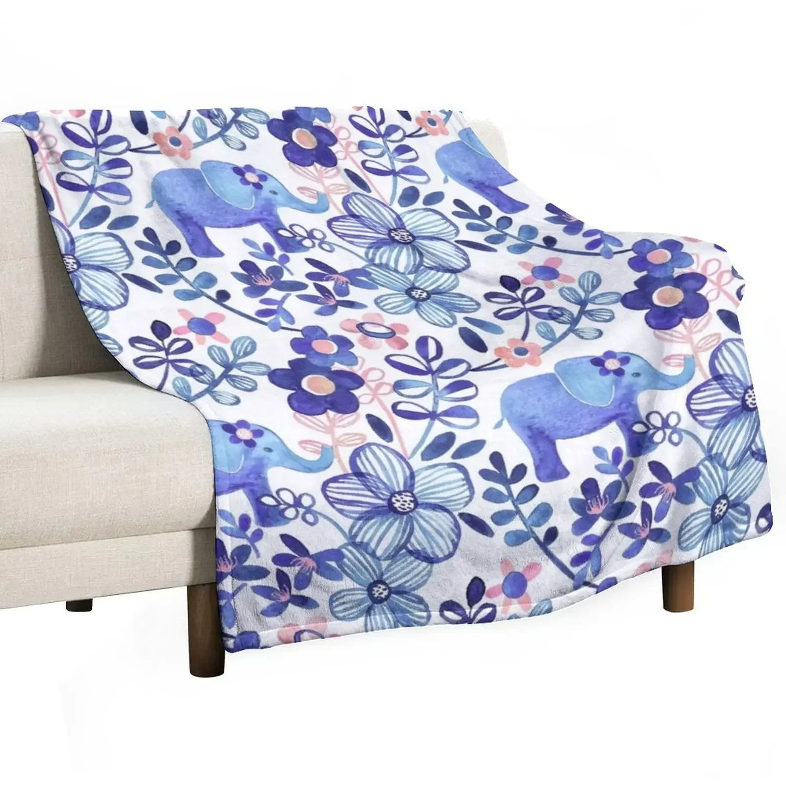 

Pale Coral, White and Purple Elephant and Floral Watercolor Pattern Throw Blanket Luxury Designer Quilt Beach Blankets