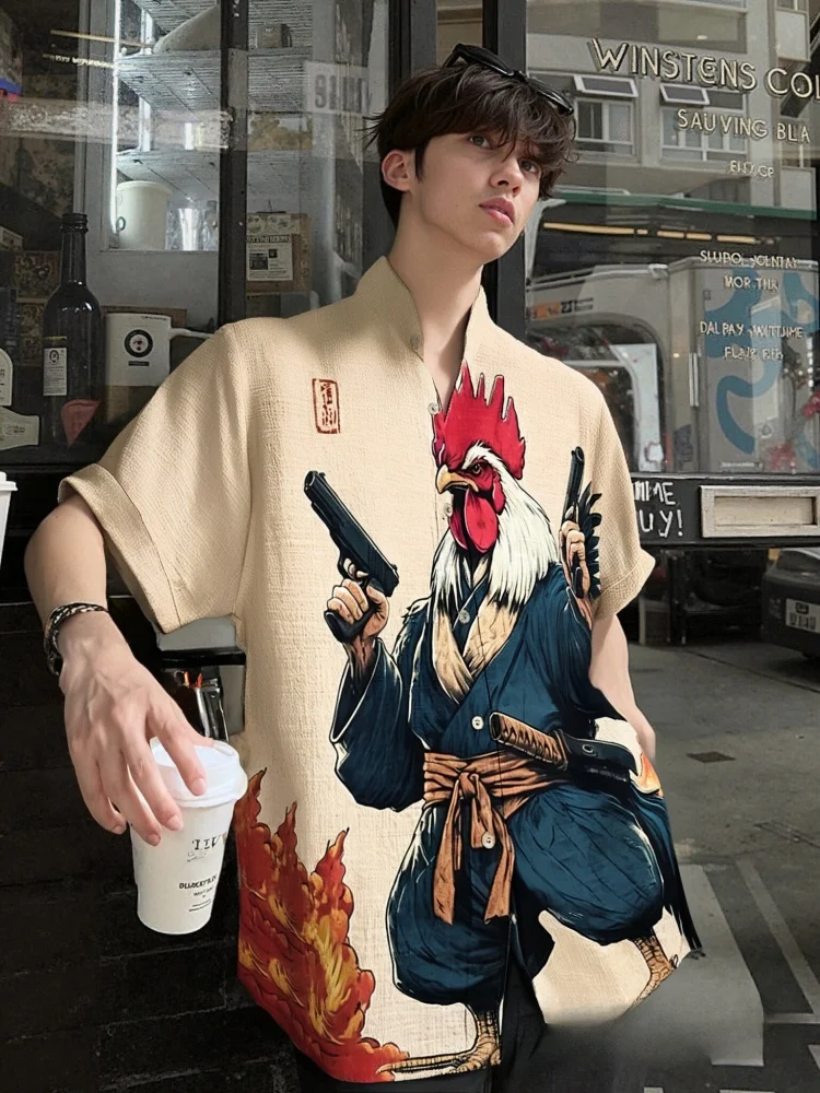 Men's Japanese Chicken Samurai Holding Guns Print Short Sleeve Shirt Funny Special Stand Collar Beach Man Clothes Holiday 2025
