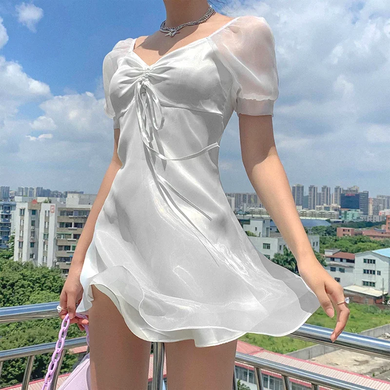 

White Mesh Satin A-lineSweet Double Layer Mini Dress Square Neck Bandage Puffy Sleeves Streetwear 2023 Boho Bodycon Dress