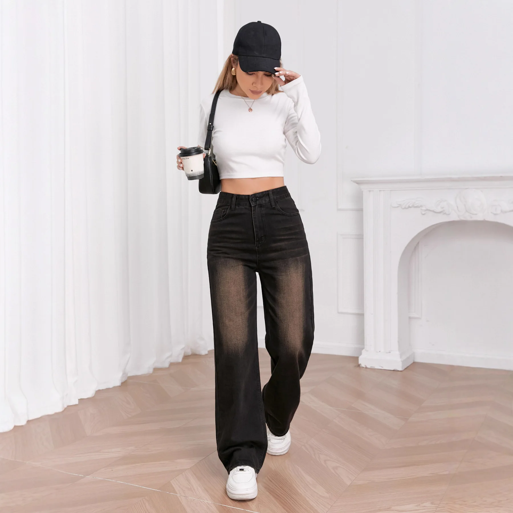 Vrouwen hoge taille denim broek gesplitste noodlijdende broek streetwear jeans zakken rechte broek eenvoudig casual lente herfst 2025,