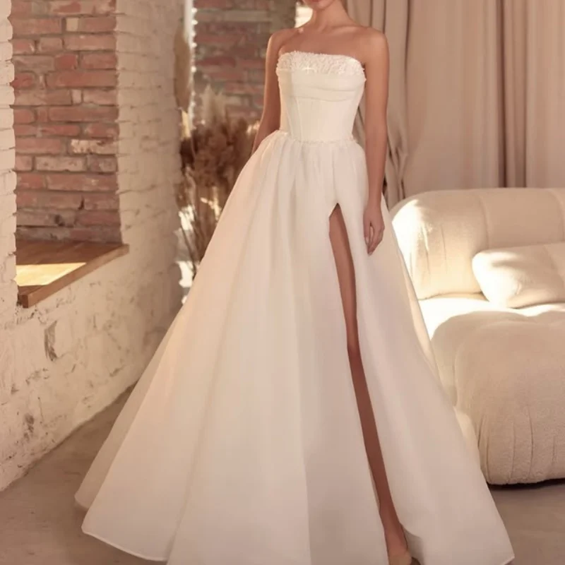 ivory white Appliques Wedding Dresses crystal decal off-shoulder vent Bridal Gowns Made Customized