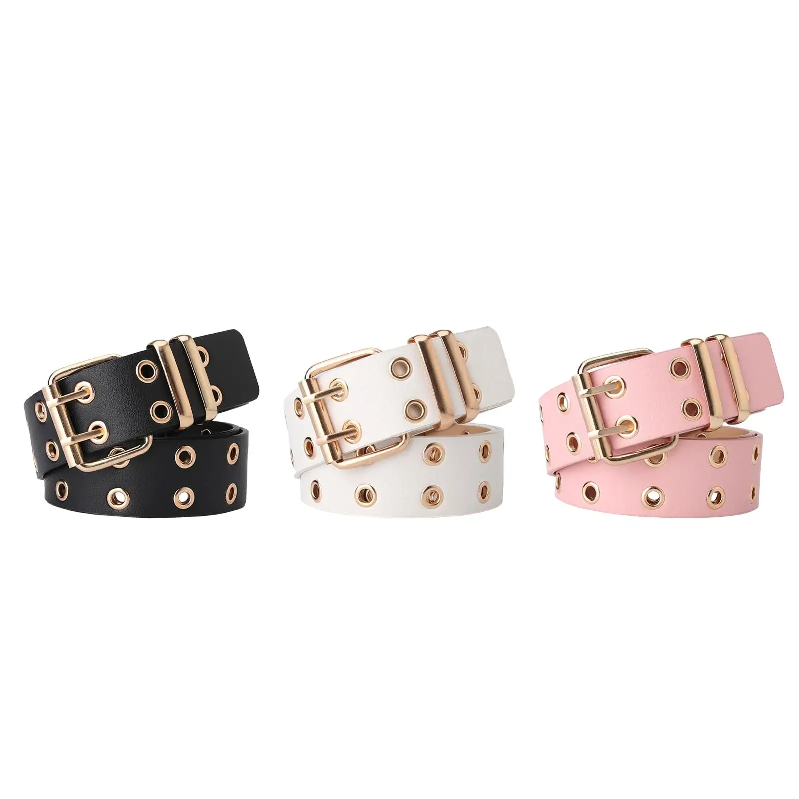 Double Grommet Punk Belt Double Prong Buckle Hollow for Pants Women Men