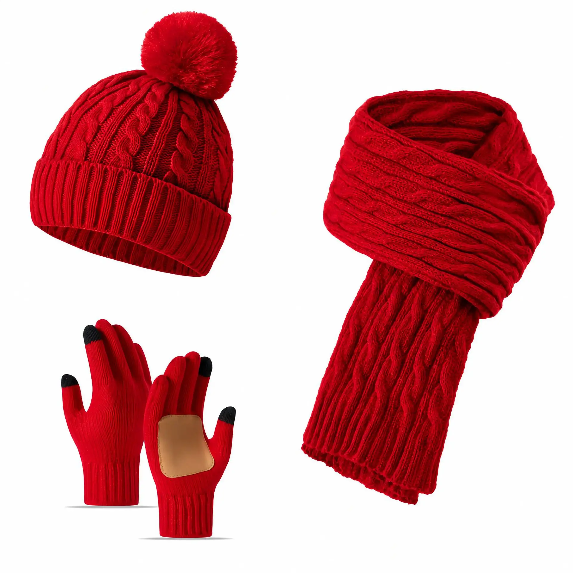 3Pcs Adult Knitted Hat Scarf Gloves Set Christmas Winter Women Pompom Beanie Neck Warmer Touch Gloves Suit Fur Ball Men Cap Set