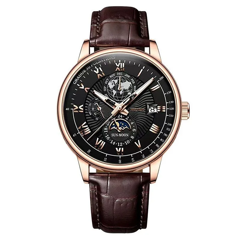 Hot Sale Brand Men Calendar Watch Fake Three Eye Starry Sky Moon Dial Business Watch Fashion Leather Belt Quartz Wristwatches