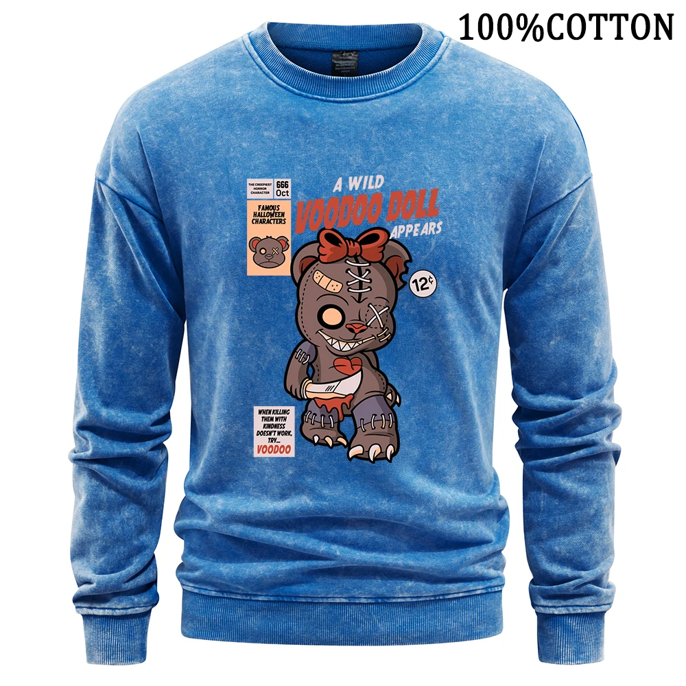 Voodoo Doll Printing Man Sweatshirt Retro Washed Sweatshirts Cotton Hoodies Cartoon Harajuku Wygodna koszulka sportowa Luźne topy