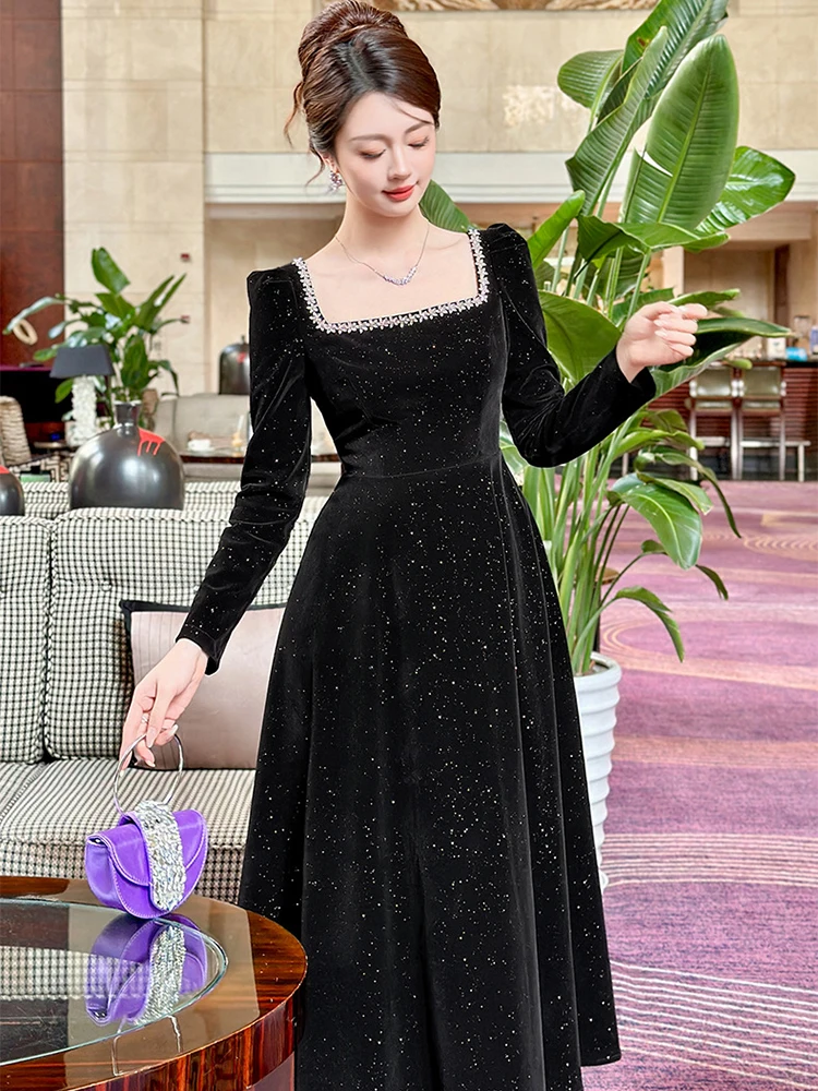 فستان سهرة رسمي حلو عتيق للنساء سيدة ريترو أسود لامع حجر الراين رداء طويل فام حفلة عيد ميلاد حفلة موسيقية Vestidos أنثى #1