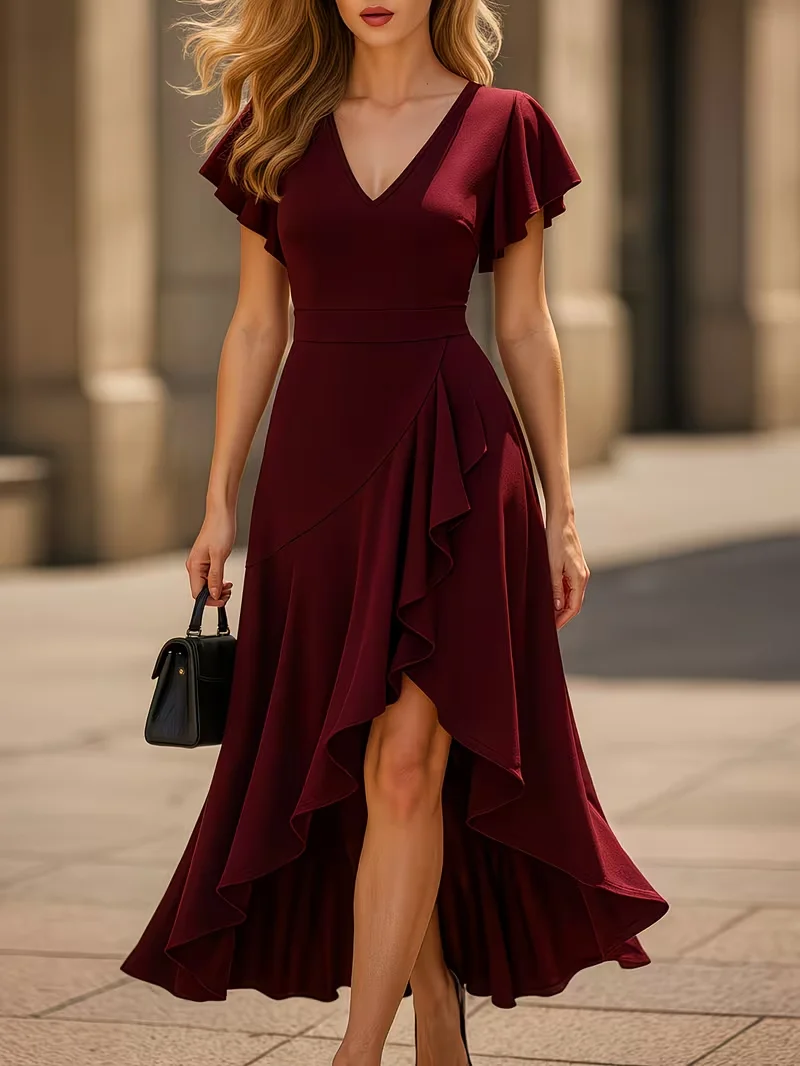 Damen Sexy Tiefer V-Ausschnitt Lotusblatt-Ärmel Sommer Einfarbiges Cocktail-Party-Kleid mit Unregelmäßigem Rüschensaum – Detail 14