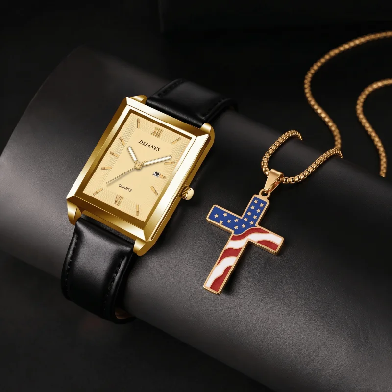 

Fashion Mens Watch with Necklace Set Luxury Brand Square Quartz Watch with Calendar Casual Business Male Clock Gift reloj hombre