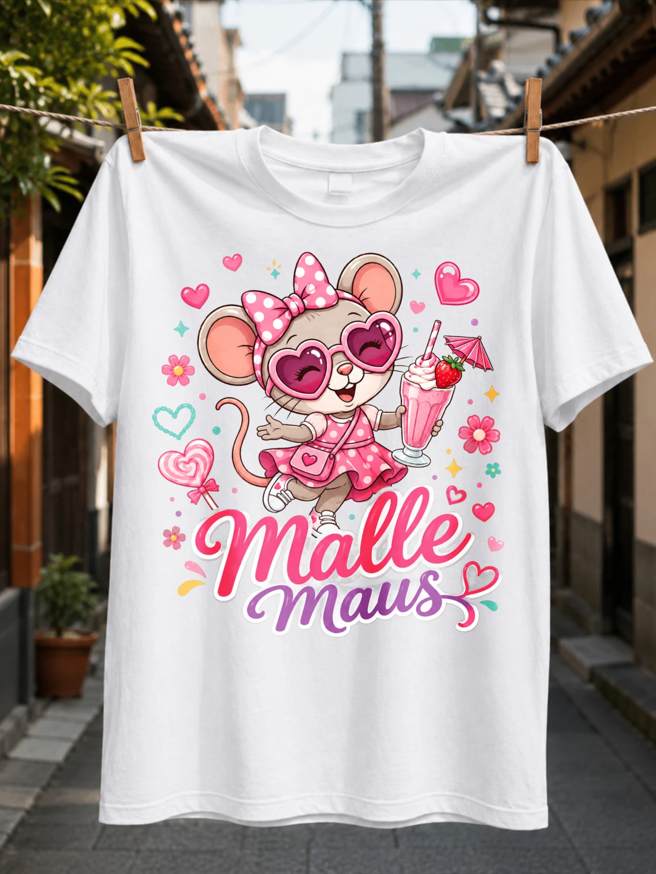 Malle Maus lettering with cute mouse in polka dot dress heart strawberry shake lollipop and kawaii  Unisex All T-Shirt