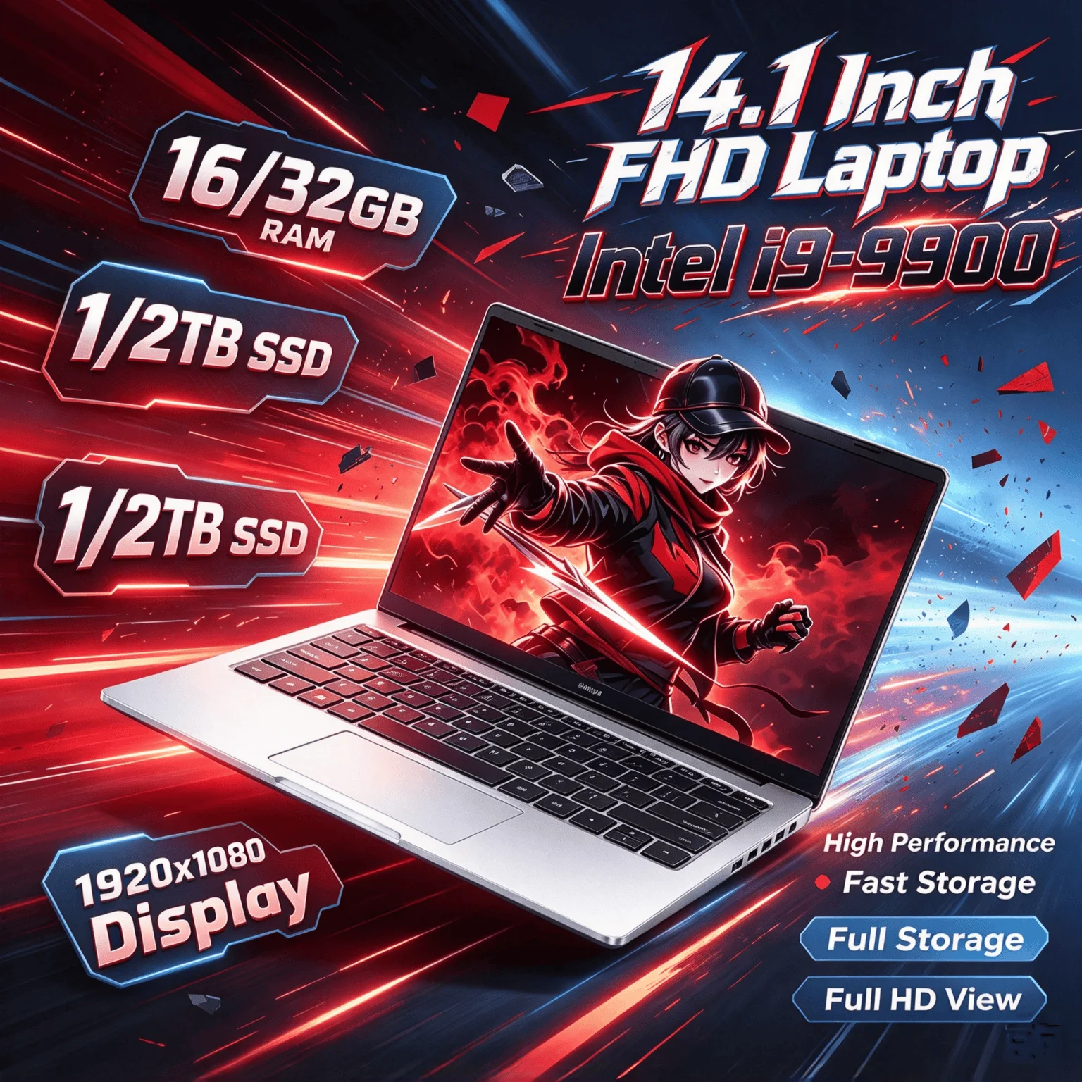 Intel i9 9900 14.1 Inch Slim Notebook 32GB RAM 2TB NVMe SSD WiFi6 BT5.2 FHD for Gaming Design Office Study 2026 Pro Max