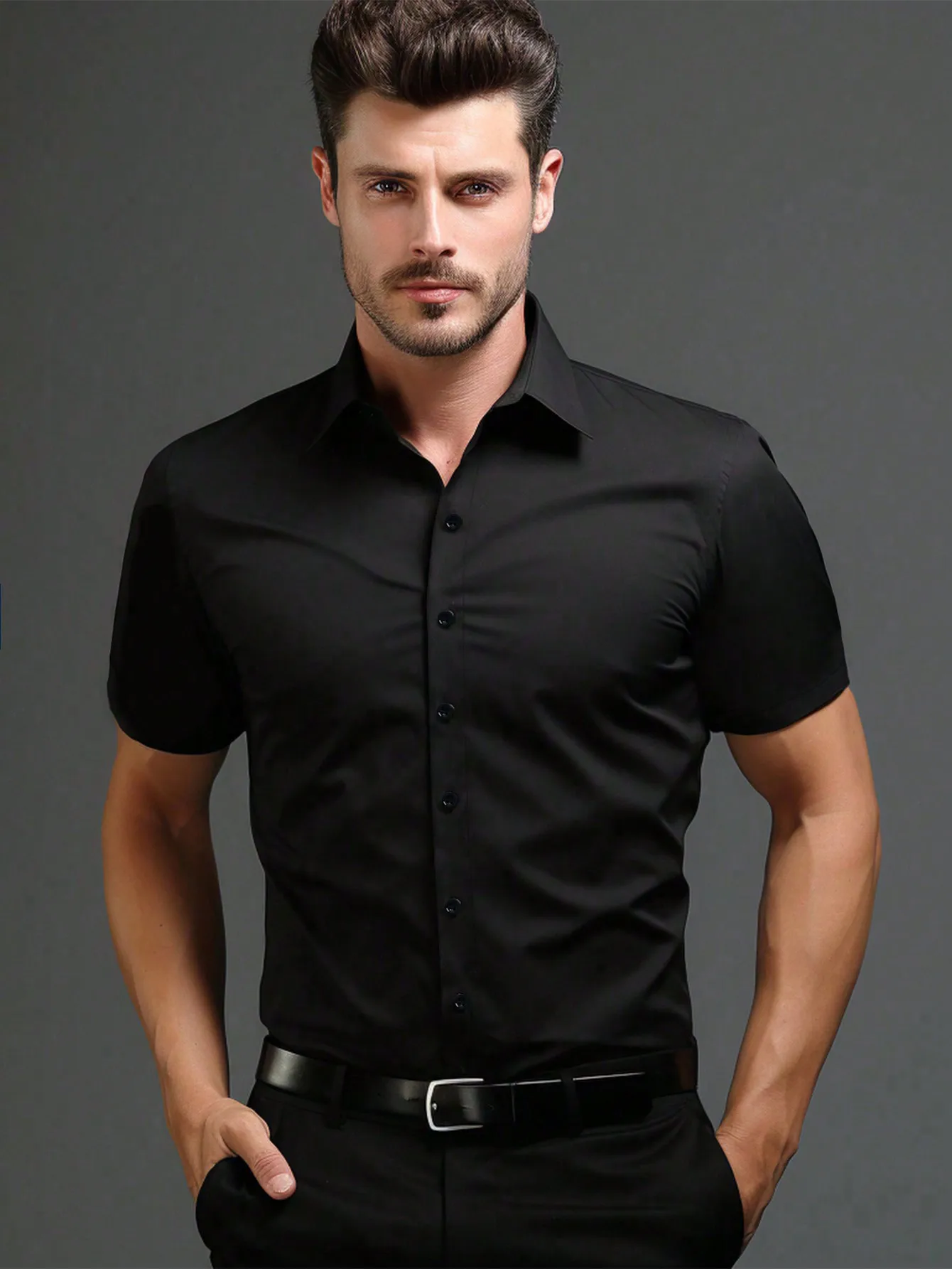 

Men's Short Sleeve Solid Black Button-Down Shirt, Lightweight Non-Iron Formal Casual Wear for Summer