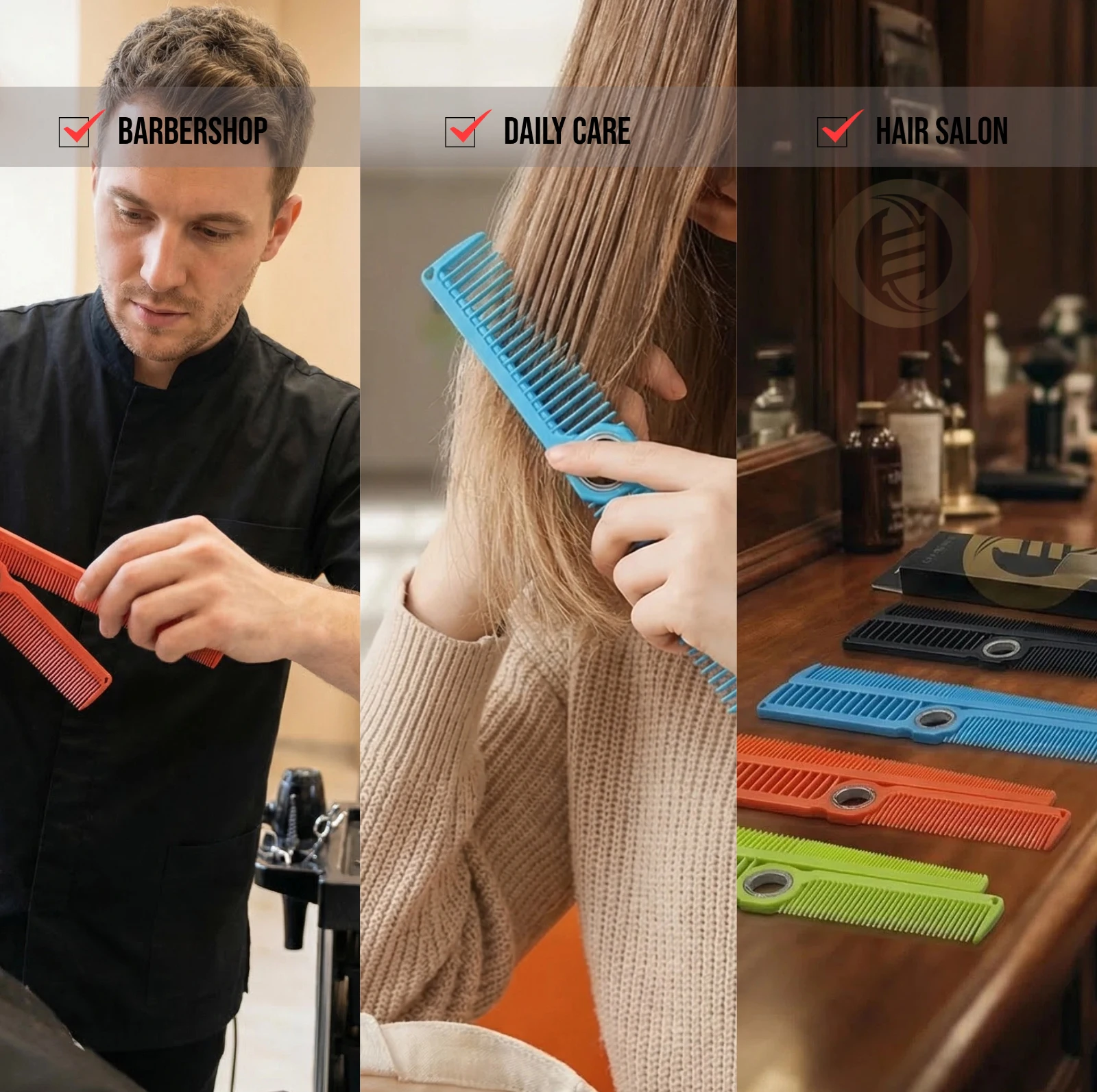 3-teiliges Profi-Friseurwerkzeug-Set: Doppelseitige rotierende Haarschneidekämme, antistatische Fade-Kämme, rotierende Haarreinigungsbürste für Styling – Detail 9