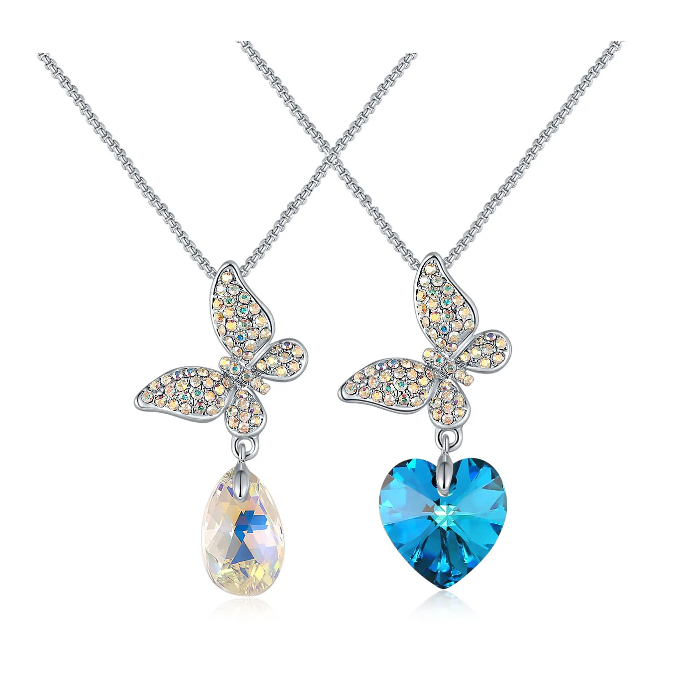 Heart Drop Crystals from Austria Pendant Necklace Silver Color Butterfly Rhinestone Chain Women Elegant Jewelry Wedding Party