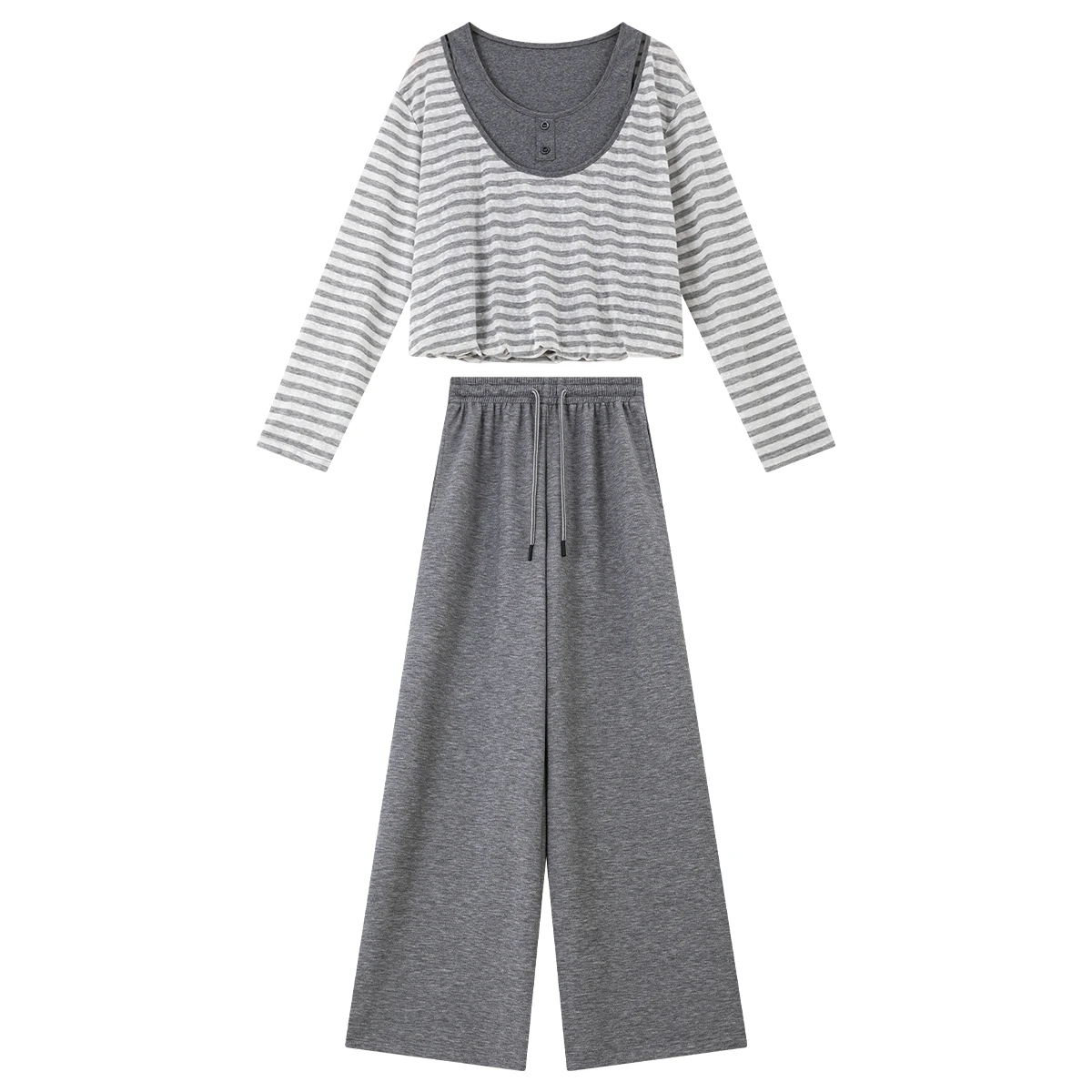 VIMLY Women's Casual Sets for Woman 2026 Spring New Grey Striped Fake Two-Piece Top High Waisted Wide Leg Pant 2 Piece Set 30781 view 6