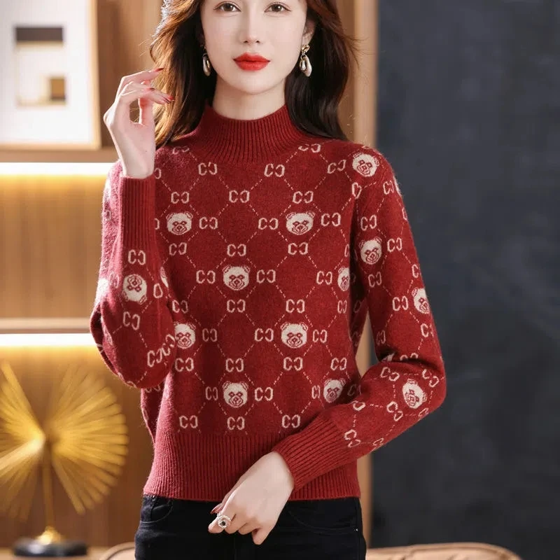 Women Vintage Loose Wool Pullovers Fashion Letter Jacquard Warm Sweaters Autumn Winter Y2k Chic Short Style Knitted Jumper