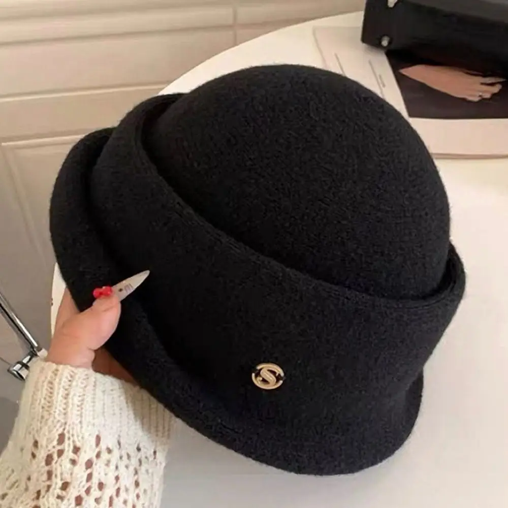 

Fashion Bow Hepburn Style Topper Hat Pearl Camellia Flower Woolen Bucket Hat British Style Flat-top Women Formal hat Outdoor