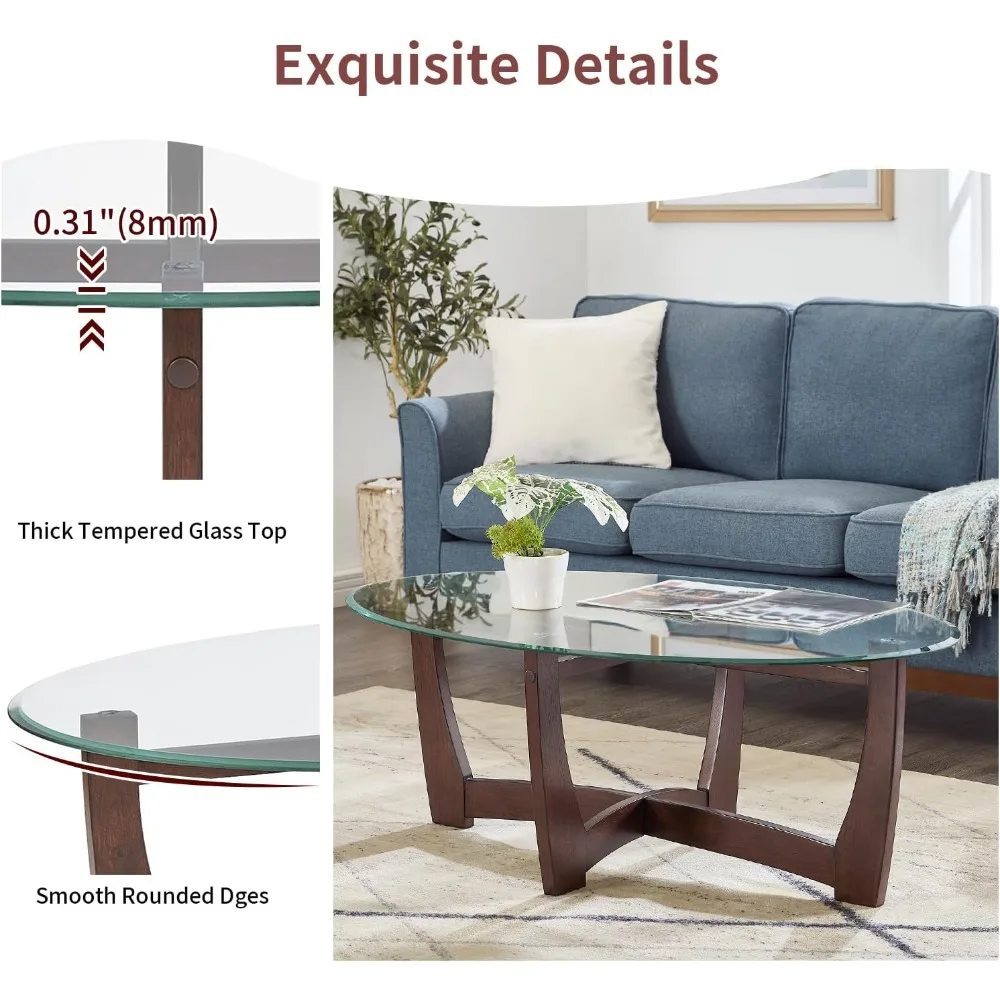طاولة قهوة زجاجية بيضاوية مقاس 48 بوصة مع سطح من الزجاج المقسى وقاعدة من الخشب الصلب وطاولة مركزية بسيطة وحديثة لغرفة المعيشة #5