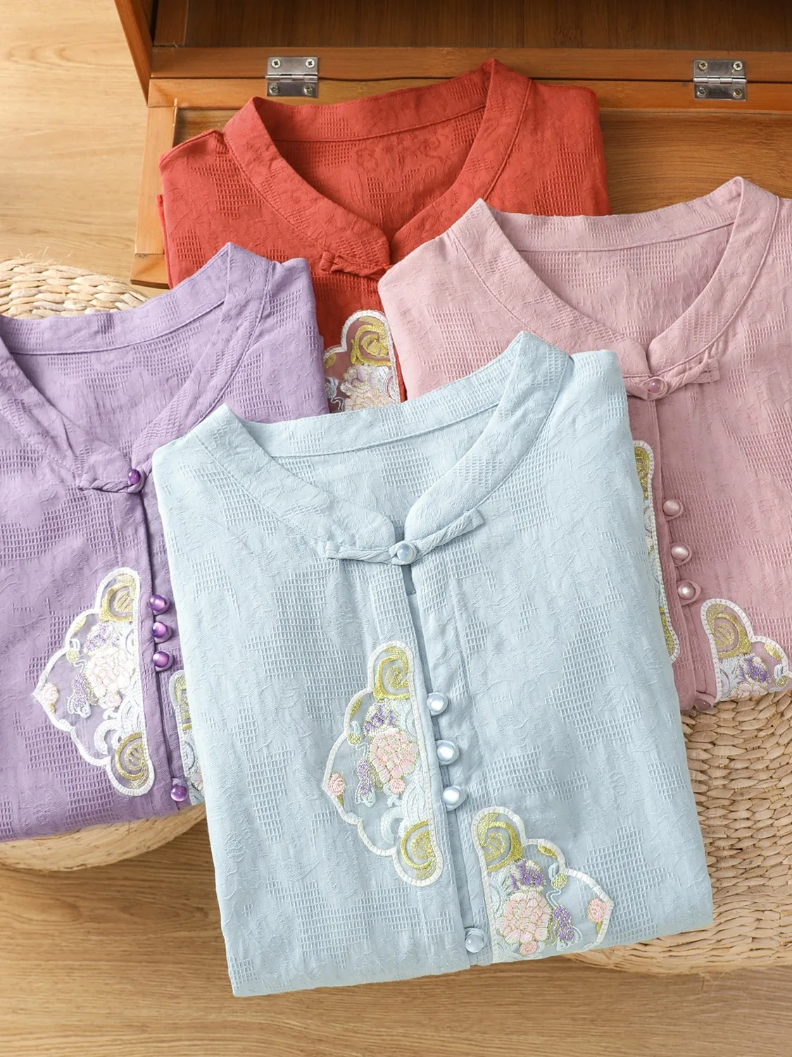 Haut d'été en lin brodé pour femmes, haut de gamme, couleur Vintage chinois, boutonné, irt, coton et lin, 3/4 Sve