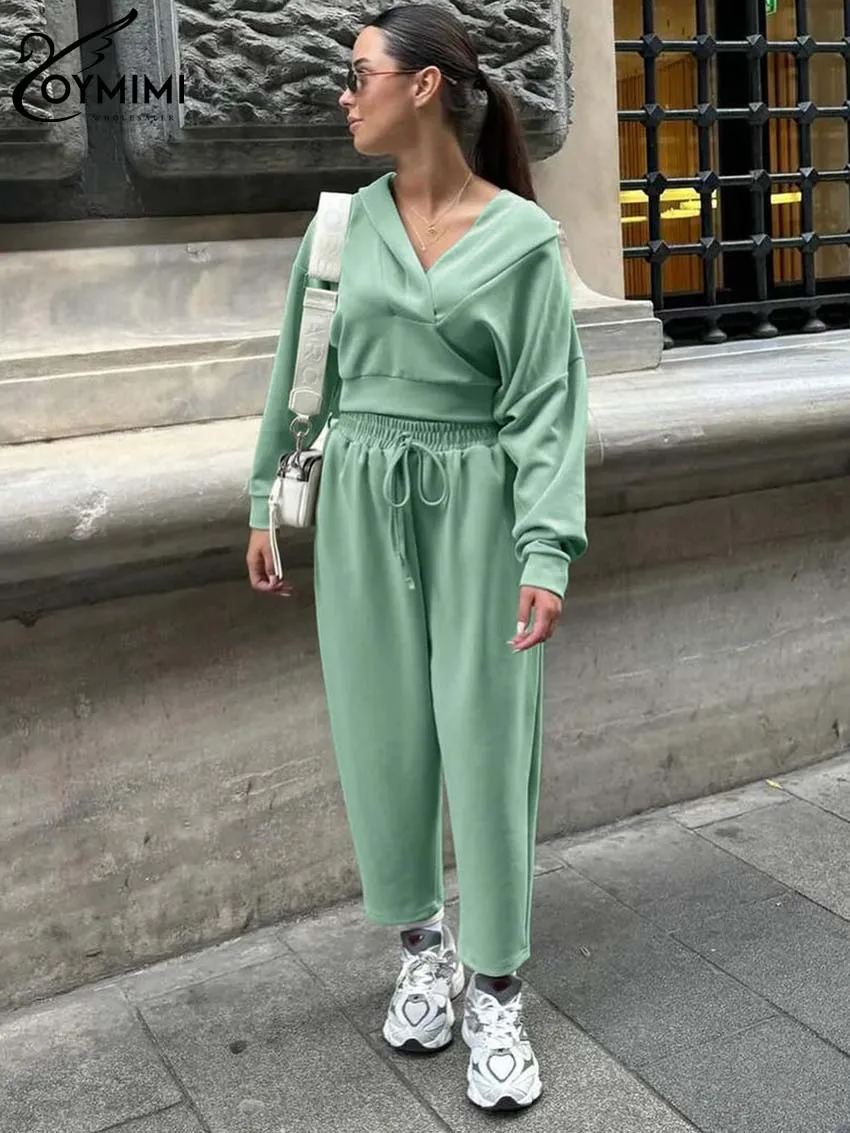 

Oymimi Fashion Green Sets Womens 2 Piece Elegant Hooded Collar Long Sleeve Crop Tops And Drawstring Straight Trousers Female Set