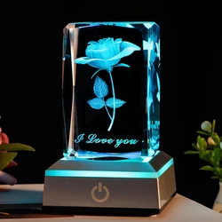 Veilleuse LED colorée en cristal rose 3D, anniversaire, Noël, cadeau des travailleurs du jour de Léon, petite amie, épouse et mère