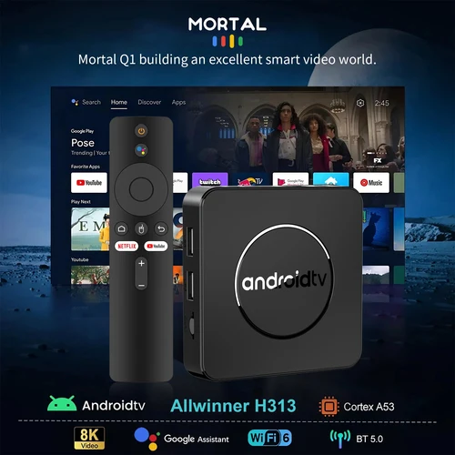 Imagen 2 del producto Caja de TV Android Mortal Q1 con procesador Allwinner H313, compatible con wifi 2.4G/5.8G, Bluetooth 5.2, Asistente de Google, 2 GB de RAM, 16 GB de ROM y 8 GB de ROM. Caja de TV inteligente para el hogar.