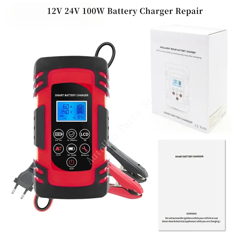 

Умное зарядное устройство 12 В, 24 В, 100 Вт с импульсным ремонтом для автомобиля, грузовика, мотоцикла, AGM GEL, свинцово-кислотный