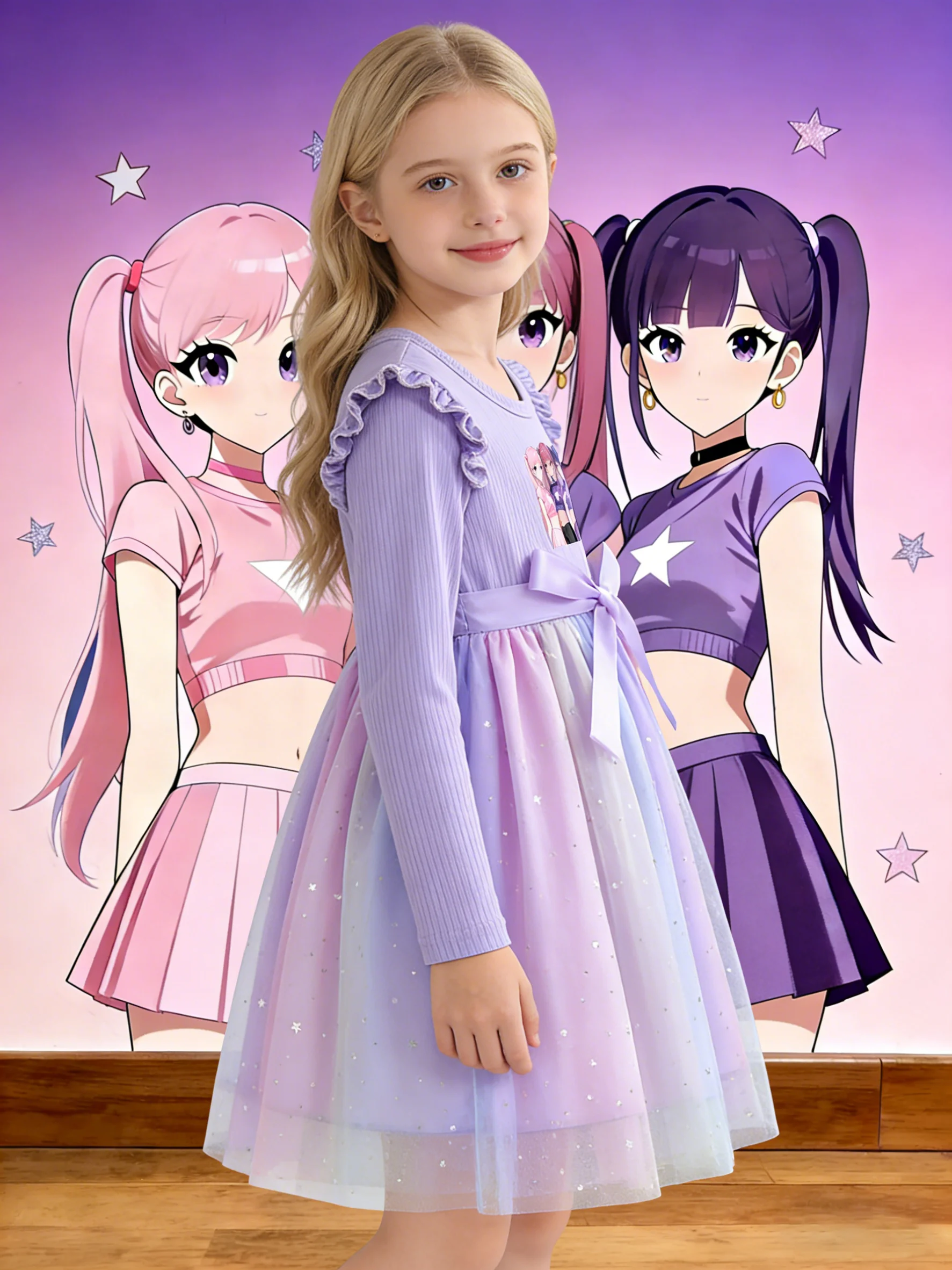 Girls Dress, Energetic Girl Group Print + Waist Big Bow, Long Sleeve Gradient Purple Blue Princess Dress